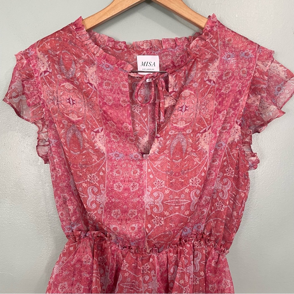 Misa Lilian Dress Mini Ruffle Pink Floral in Washed Rose Size Small NWT - Picture 3 of 9